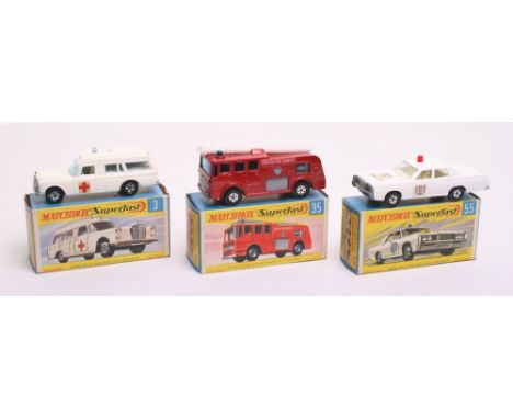 Three Matchbox Superfast 1:75 series Emergency Vehicles boxed, 3a Mercedes Benz Binz Ambulance,off-white body, light blue win