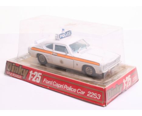 Dinky  2253 Ford Capri Police Car,1:25 scale, white body, light blue interior, in  good to excellent condition, with a good b