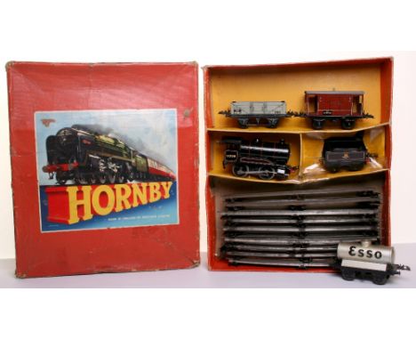 Boxed Hornby O Gauge Goods Train Set No 50, contains Clockwork 0-4-0  BR Black Locomotive and Tender, fully working with key,