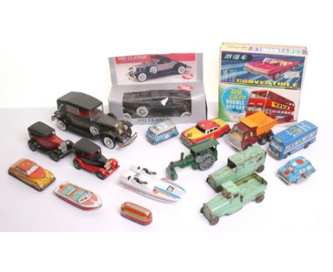 Quantity of Tinplate/plastic Toys including: Made in China Double Decker Bus and MF 207 Convertible, both mint boxed, Triang 