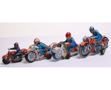 Four Tinplate Police Motorcycles, Wells Brimtoy red bike, with tin printed detail, working friction drive motor- approx lengt