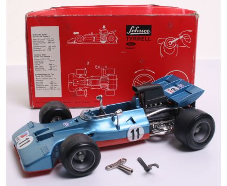 Schuco Tyrrell Ford Formula 1 Racing Car, No.356176 – 1/16 scale model, blue plastic body, red metal baseplate, with chrome p