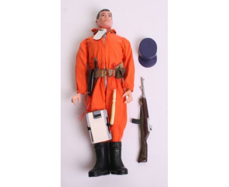 Palitoy vintage Action Man Action Pilot, on brown painted head fixed hands doll, orange flight suit, with accessories includi