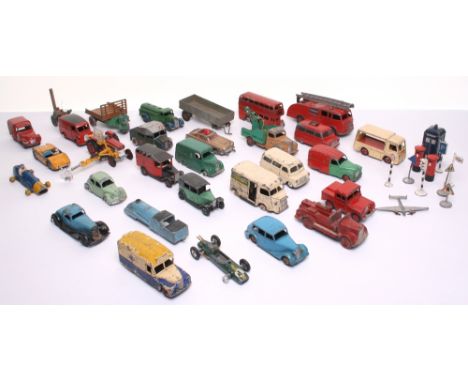 Quantity of Playworn Dinky Toys , including, French Dinky 25d Citroen 2CV Pompiers van and 25c Citroen 1200K Gervais Van, 23h