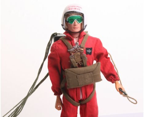 Palitoy vintage Action Man Red Devil 1st issue on blond flocked hair,gripping hands doll, jump suit,helmet, working parachute