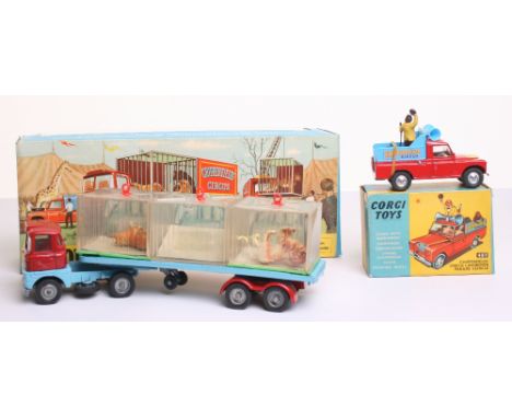 Two Corgi Toys Chipperfields Circus Models 487 Chipperfields Circus Land-Rover Parade Vehicle, red/blue ‘The Circus Is Here’ 