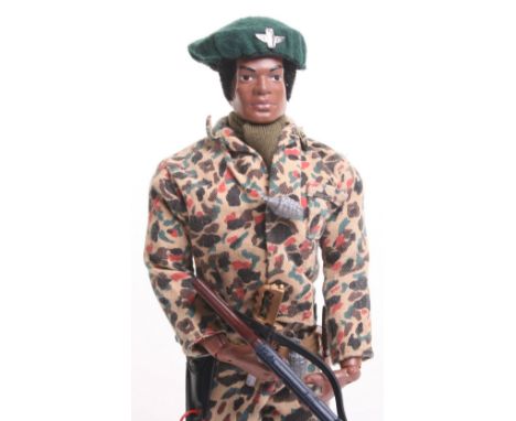 Palitoy vintage Action Man Tom Stone Figure, with camouflage jacket, trousers, beret and metal badge, sub machine gun, plus a