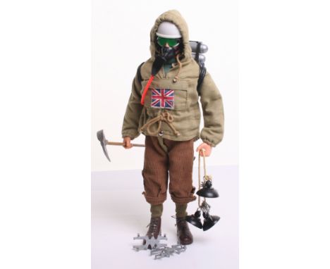 Scarce Palitoy vintage Action Man Mountaineer with High Altitude Equipment on brown flocked hair, gripping hands doll, oxygen