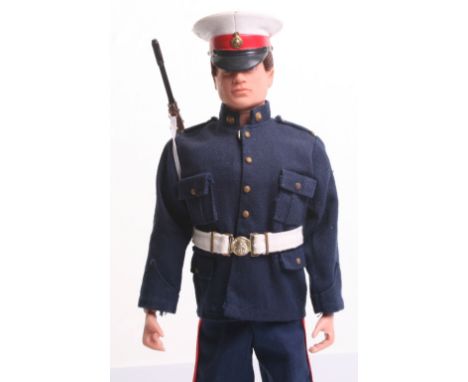 Palitoy vintage Action Man The Royal Marines No 3 Dress on brown flocked hair, fixed hands doll, cap, jacket, trousers, boots