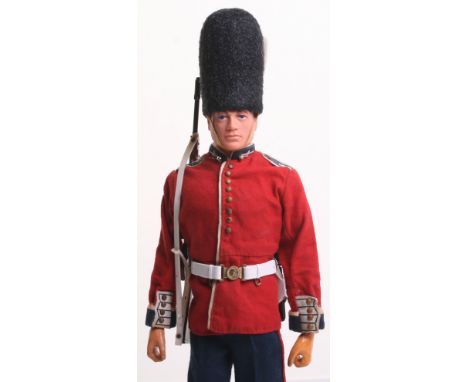 Palitoy vintage Action Man Grenadier Guard on brown flocked hair, gripping hands doll, Bearskin, jacket, trousers, lace up bo