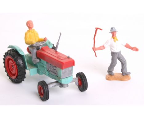 Scarce Timpo Farm Series 170 Fordson Super Major 5000 Tractor, turquoise blue/ red/silver tractor, complete with farmer figur