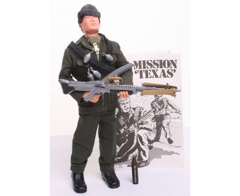 Palitoy vintage Action Man Commando, on brown flocked hair, gripping hands doll, combat jacket and trousers, hat, boots, band