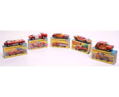 Five Matchbox Superfast Cars, 4b Gruesome Twosome,metallic light gold body, purple windows, pale yellow interior, bare metal 