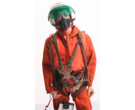 Palitoy vintage Action Man Scramble Pilot, on black painted head fixed hands doll, orange flight suit with accessories includ