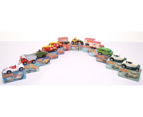 Twelve Matchbox Superfast 1:75 series boxed,2 x 22 Blaze Busters,23 Atlas Truck, red/silver, 25 Flat Car Container, N.Y.K, 28