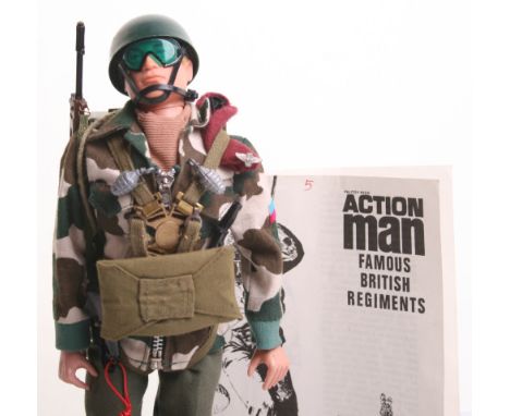 Scarce Palitoy vintage Action Man Parachute Regiment on blond flocked hair, fixed hands doll, cloth beret with badge, jacket,