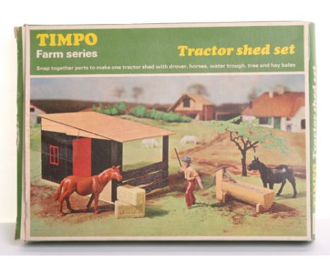 Timpo Farm Series 161 Tractor Shed Set, snap together parts to make one tractor shed with drover, horses, water trough, tree 