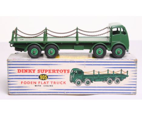 Dinky Toys 905 Foden Flat Truck with Chains, 2nd type cab, green cab/chassis/flatbed, light green wheel hubs, in near mint co