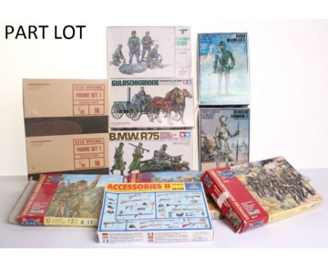 Quantity of Model Kits, including Tamiya German BMW Motorcycle, Wehrmacht mounted infantry set, German field kitchen, 2 Japan