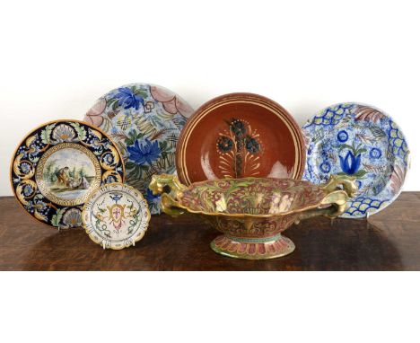 Group of maiolica and other pottery piecesPortuguese and Italian, including a lustre glazed Renaissance-style basket, 42cm wi