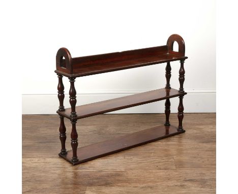 Mahogany three tier shelf Victorian, with turned supports, 81cm wide x 60cm high x 16cm deepWith overall wear, marks, scratch