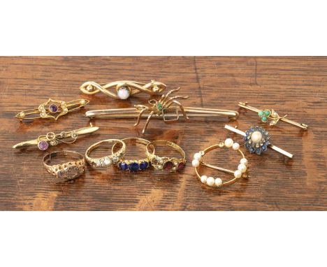 Collection of jewellery comprising of: a 9ct gold ring with stones missing, 1g approx overall, 12ct Victorian gold ring with 