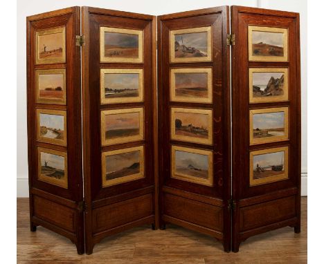 Decorative four-fold screen 19th Century and later, decorated on both sides with thirty-two landscape and seascape scenes, oi