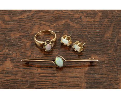 Collection of opal jewellerycomprising of: 18ct gold opal and diamond gypsy style ring, size L with matching earrings, 7g app