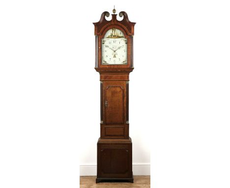 Oak and mahogany crossbanded 30 hour longcase clock 19th Century, the break arch painted Arabic dial signed W. & W. Roberts, 