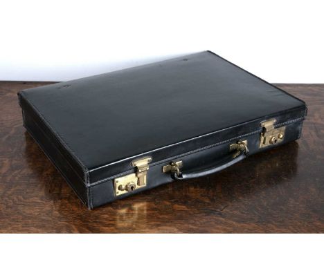 Papworth black leather briefcasewith a label to the inner, 45cm x 31cmSome light wear and scratches. The brass needs cleaning