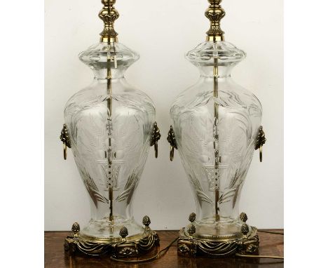 Pair of contemporary etched glass table lampsof baluster form on brass bases, with floral decoration, with lion mask ring han