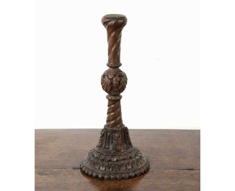 Treen candlestick of trumpet form early 18th Century, with Salamander carved decoration, reputedly from a Spice trading ship 