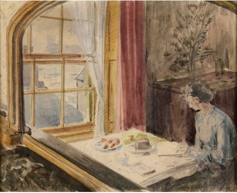 Frank Runacres (1904-1974) 'City scape', watercolour, initialled lower right, 17cm x 23cm, another by the same artist 'Figure