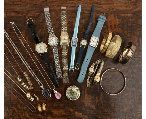 Group of costume jewellery and watches including: gilt metal bangle, enamel butterfly pendant, Timex and other dress watches,