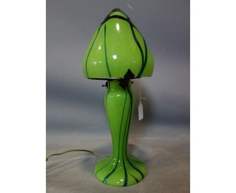 A vintage green glass mushroom lamp, signed, H.46cm 