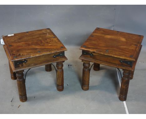 A pair of Indonesian iron bound teak lamp tables, H.45 W.45 D.45cm 