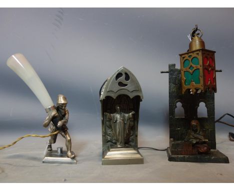 Three vintage metal figural table lamps to include a Bergman style lamp, Jesus in a shrine and a goblin 