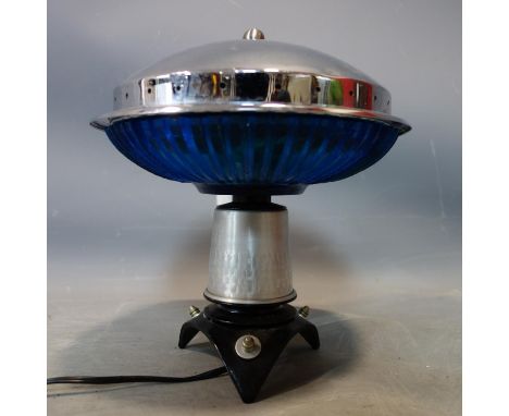 A vintage chrome and blue glass table lamp, H.24 D.24cm 