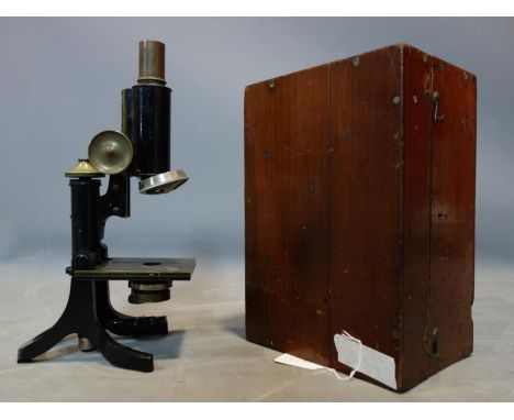 A cased vintage microscope, numbered 12021 W to base, H.28cm 