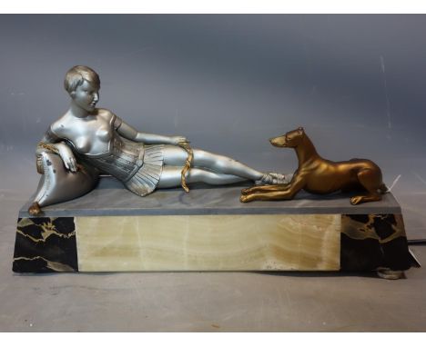 A French Art Deco figural lamp on marble base, H.22 W.43 D.11cm 
