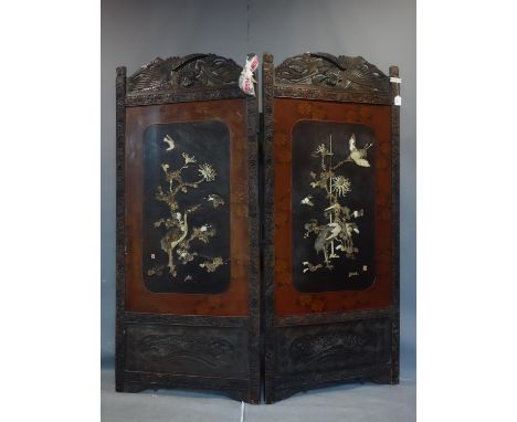 A large 19th century Japanese lacquered hardwood 2 fold dressing screen, with ivory decoration some loose and some missing, s