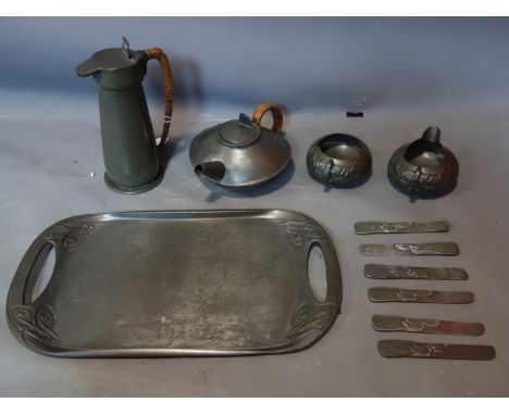 A collection of Art Nouveau Tudric pewter, with&nbsp; Archibald Knox designs, to include a teapot, milk jug, sugar bowl, and 