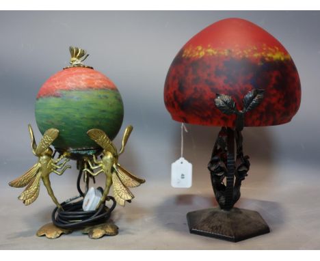 A vintage red glass and wrought iron mushroom lamp, signed, together with a gilt metal dragonfly lamp 