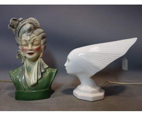 A vintage white ceramic lamp in the form of the spirit of the wind, together with a ceramic bust lamp 