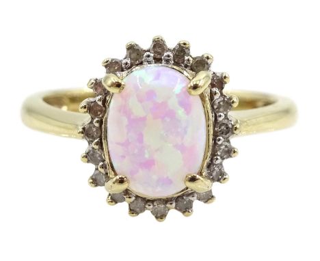 Gold opal and diamond cluster ring, stamped 9ct