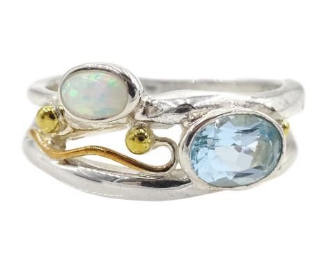 Silver and 14ct gold wire blue topaz and opal ring, stamped 925