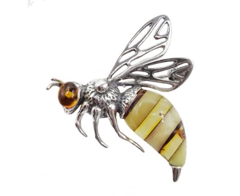 Silver amber bee brooch, stamped 925