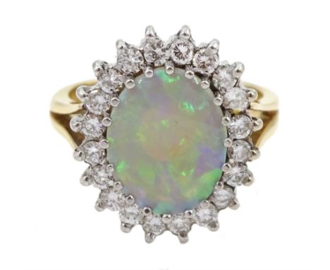14ct gold opal and diamond cluster ring, hallmarked, total diamond weight approx 0.50 carat