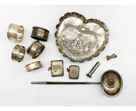  Five various silver napkin rings, Continental silver heart shaped dish with import marks for 1902, toddy ladle, two vesta ca