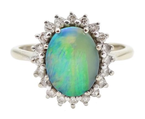 18ct white gold boulder opal and diamond cluster ring, hallmarked, total diamond weight approx 0.40 carat